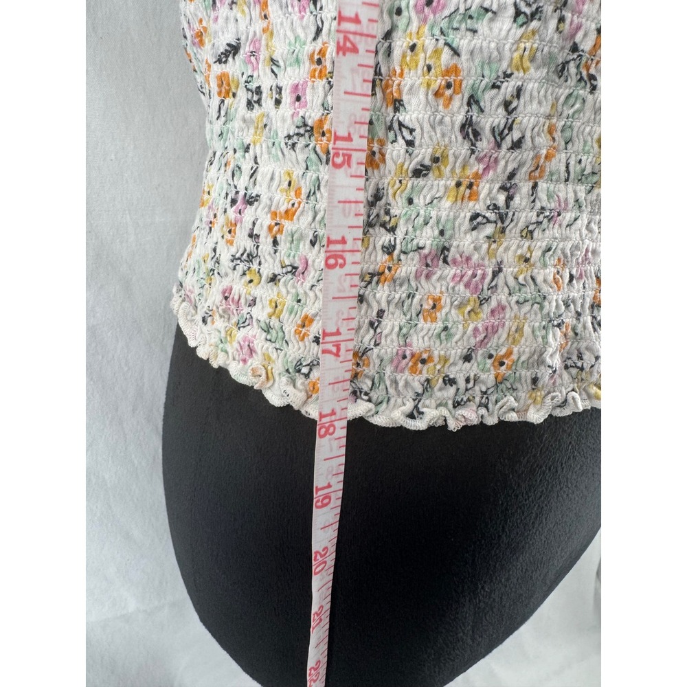 Mudd Womens XL White Floral Smocked Top Short Sleeve Faux Button Square Neck - Picture 5 of 7
